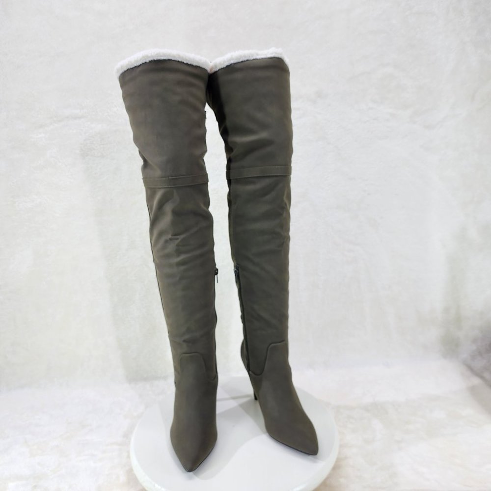 Olive Green Fluffy Fleece Lined Fold Under / Over the Knee Pointy Toe Boots - Picture 7 of 13
